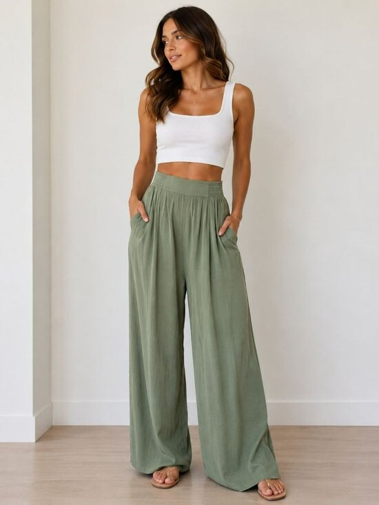Mable Pants - Mable Sage Green Wide-Leg High Waist Palazzo Pants Size L Summer Beach
